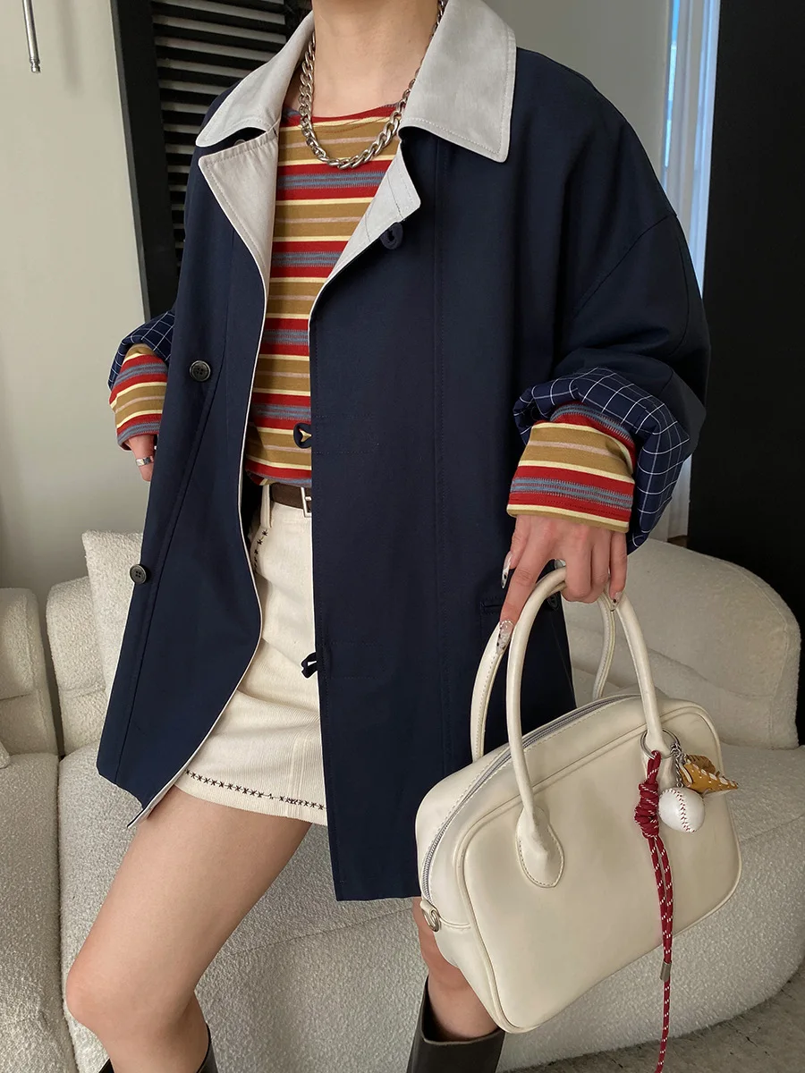 Spring women's casual French retro contrasting color lapel loose casual mid length trench coat jacket