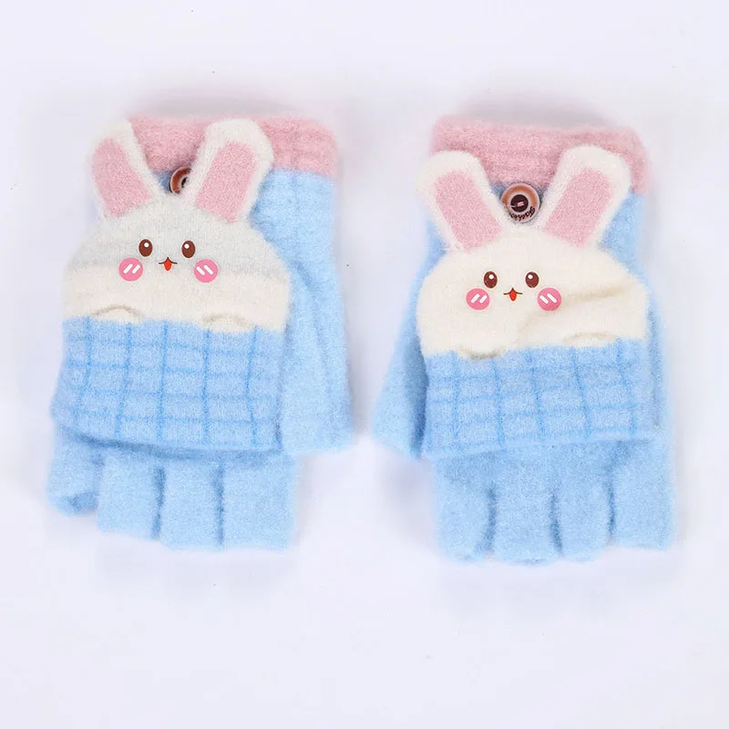 3-12 Years Kids Boys Girls Homework Gloves Cute Rabbit Ear Half Finger Flip Cover Winter Warm Gloves Knitted Cold-Proof Mittens image 3