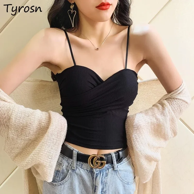 

Camisole Women Sexy Basic Solid All-match Simple Classic Elegant Leisure Comfortable Summer Korean Style Ladies Fashion Folds