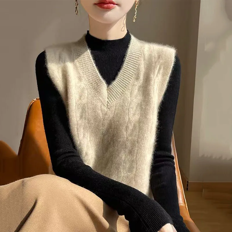 

Осень/зима 2025, новый однотонный винтажный вязаный жилет с v-образным вырезом, женский свободный жаккардовый жилет снаружи