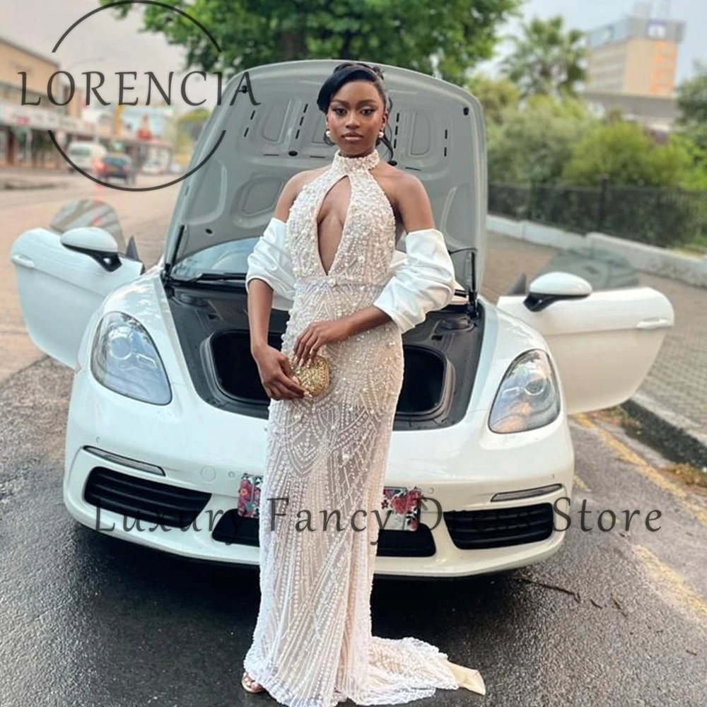 Eleganckie sukienki na studniówkę z perłami 2025, błyszczące zdobienia, krój syreny, halter, suknia bankietowa, ślubna, na przyjęcie, szyta na miarę, bez rękawów, robe d'été femme