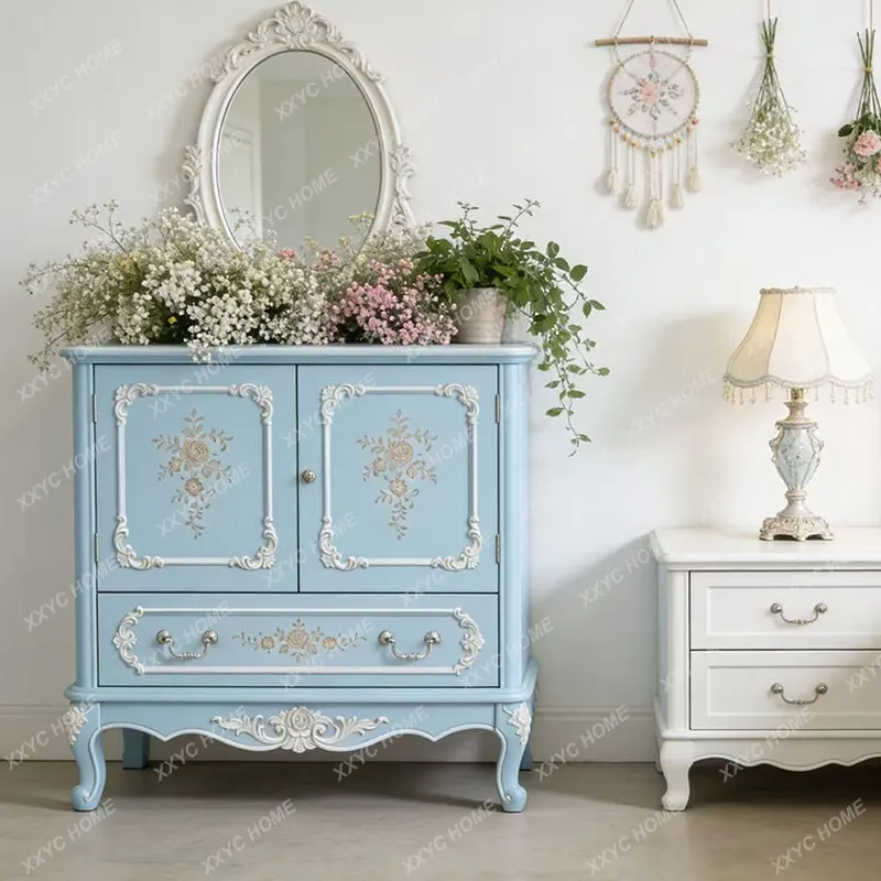 Retro style blue carved locker custom bedroom storage cabiet French cream decorative cabint tea