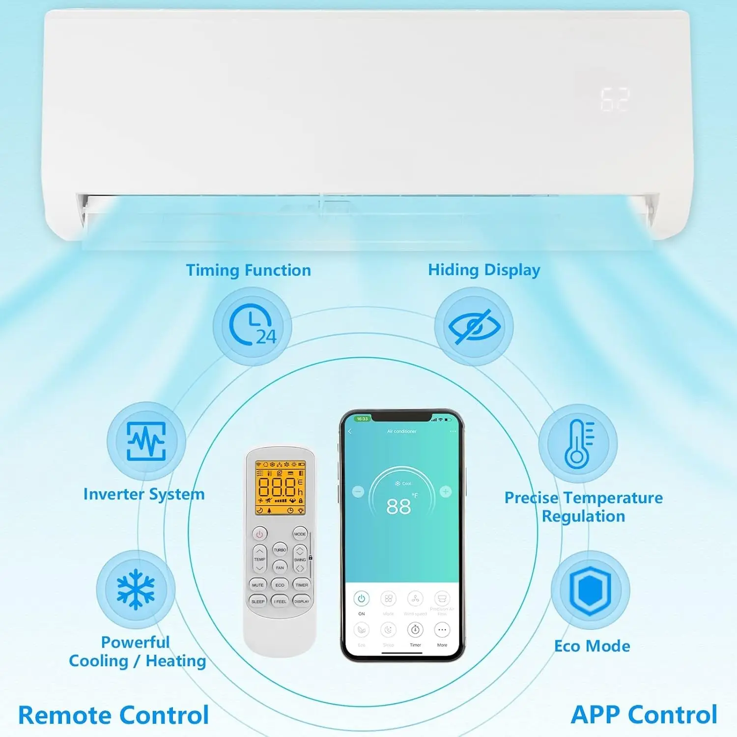 12,000 BTU Wifi Enabled Mini Split AC/Heating System Inverter, 19 SEER 115V Energy Saving Ductless Split-System Air Conditioner