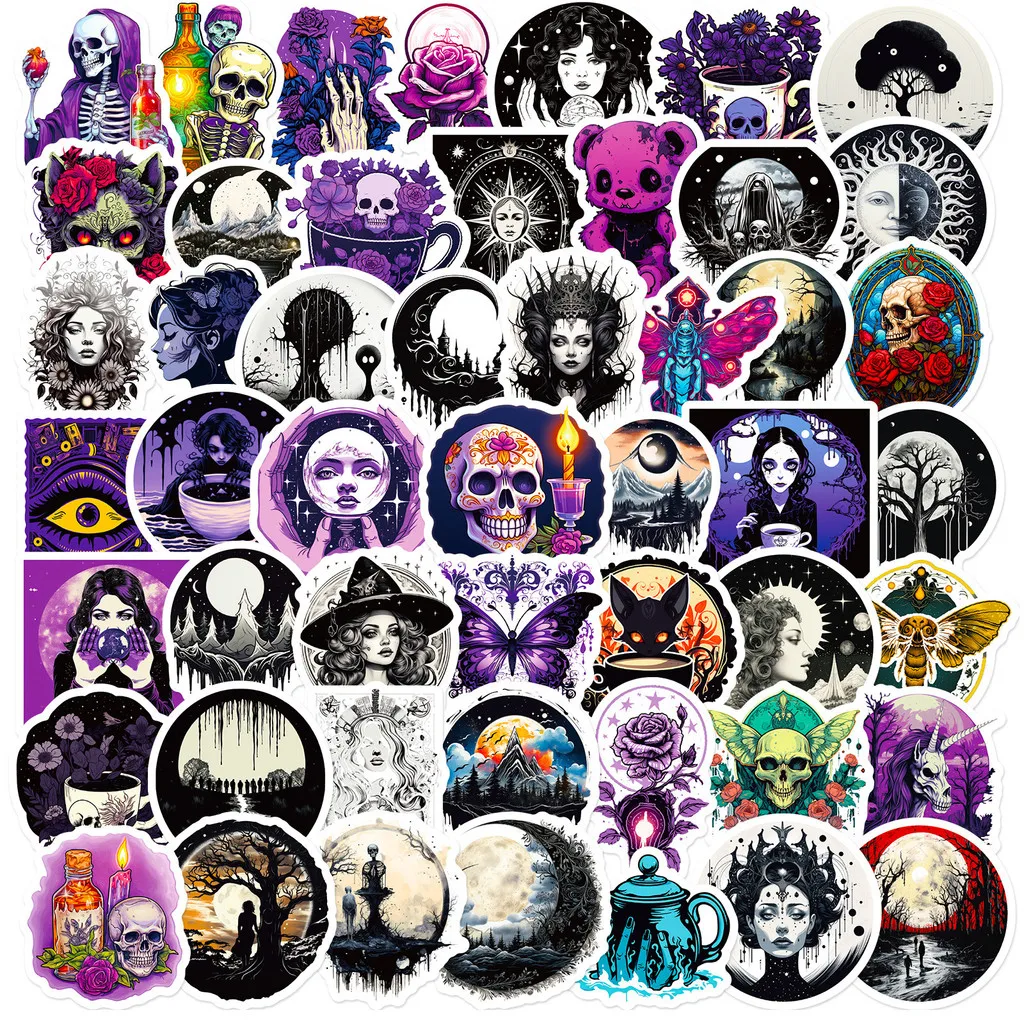 50 Stück Cartoon Gothic Graffiti Gepäckaufkleber – Neue dunkelviolette coole Totenkopf-Gothic-Aufkleber RecordingYourLife Store