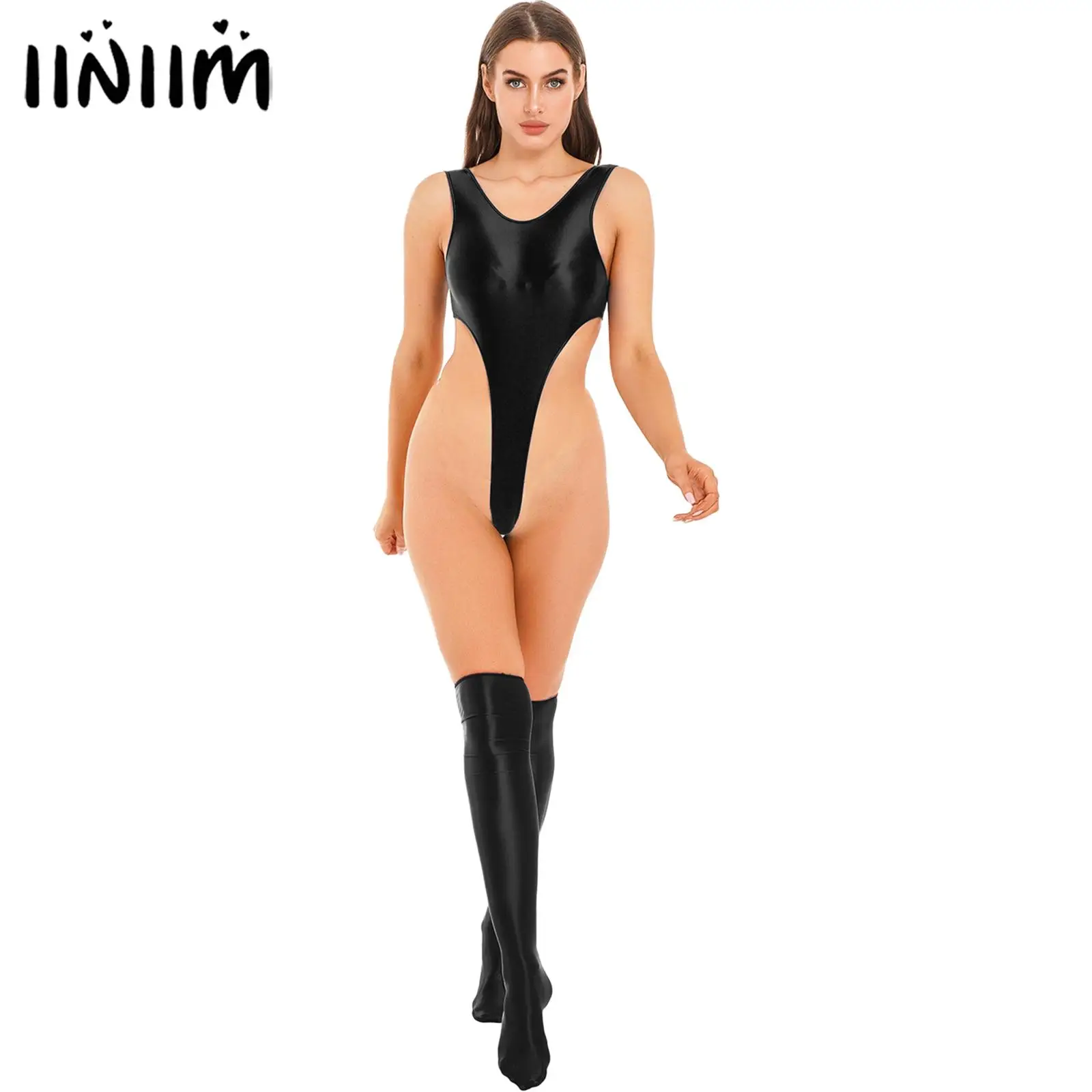 

Женские однотонные глянцевые высокие чулки до бедра с открытой спиной пикантная спортивная одежда с высоким вырезом пляжная одежда купальник боди