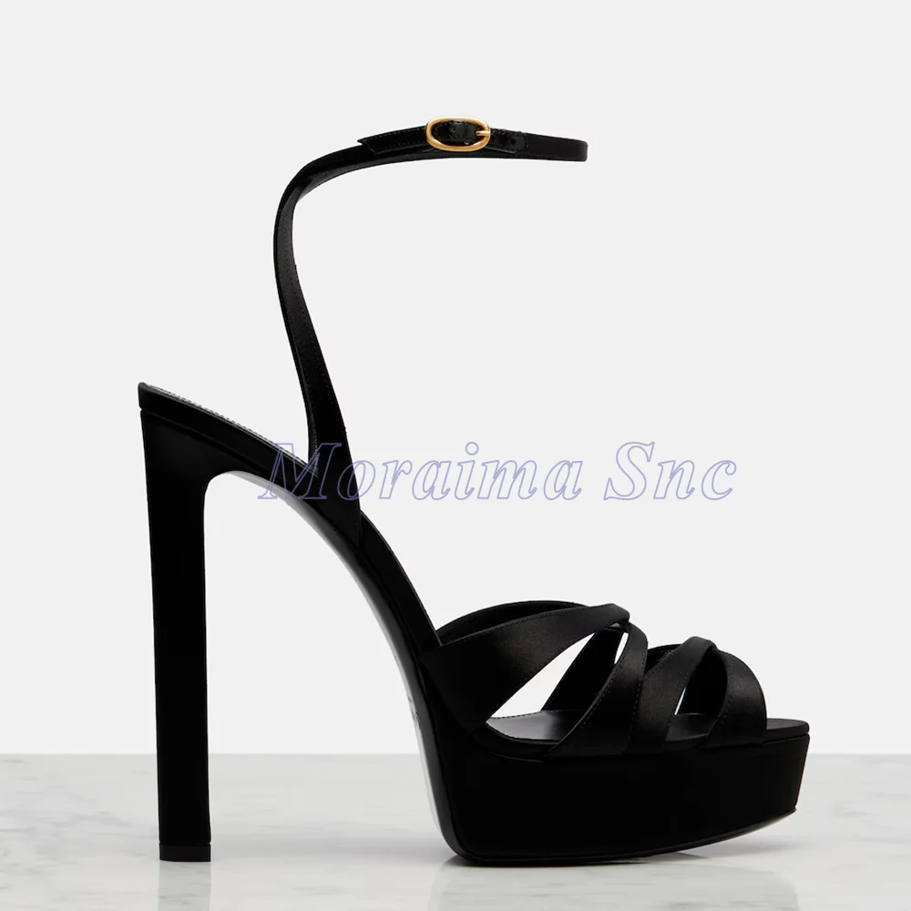 

Сатиновые босоножки на платформе с перекрестными ремешками, на высоком каблуке-блоке, с ремешком на щиколотке, с круглым открытым носком, сексуальные модные женские туфли для лета 2026