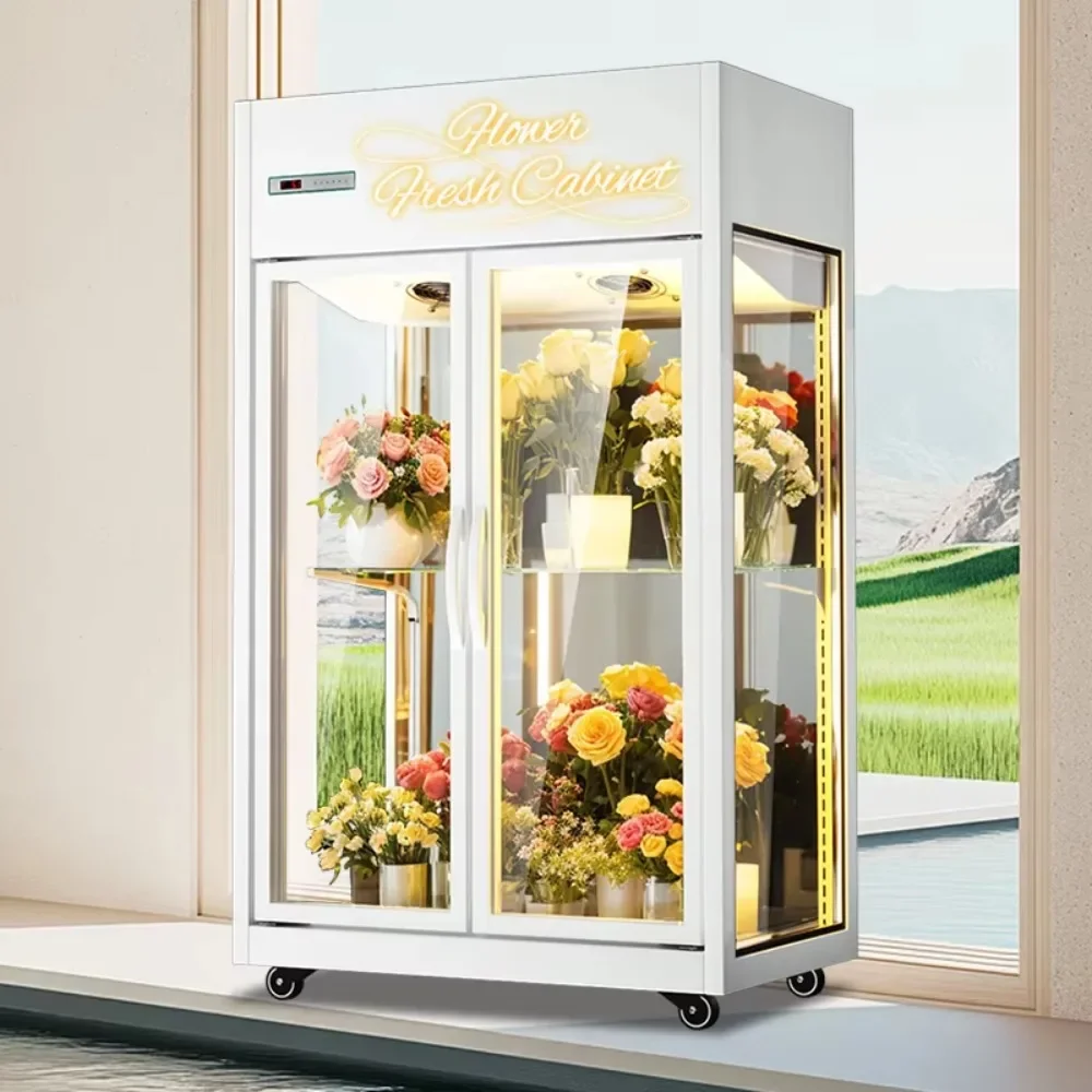 

on equipment, flower display cabinet, double door chiller, flower shop transparent air-cooled display cabinet