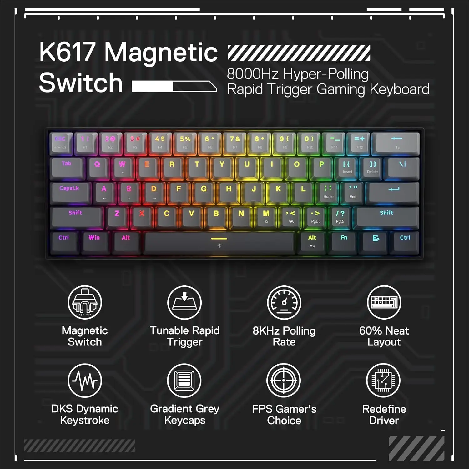 Redragon K617 래피드 트리거 게임용 키보드, 60% 61 키, 유선 기계식, 8K Hz 폴링율 전용 마그네틱 스위치, 미스티 그레이