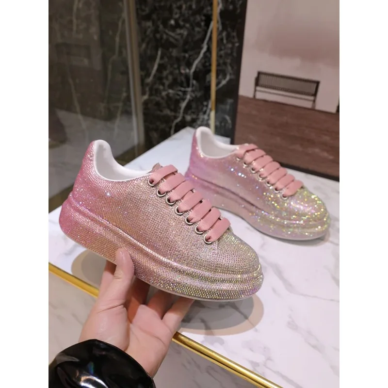 2024 Autumn Leather Women Shoes New Style Fashion Pink Platform Shoes Ins Platforms Sneakers Tide Shine Bling Rhinestone Shoes