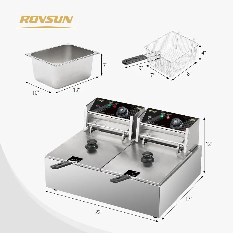 مقلاة عميقة تجارية ROVSUN 22.8QT، مقلاة كهربائية مزدوجة من الفولاذ المقاوم للصدأ سعة 21.8 لتر، آلة قلي على سطح الطاولة مع التحكم في درجة الحرارة