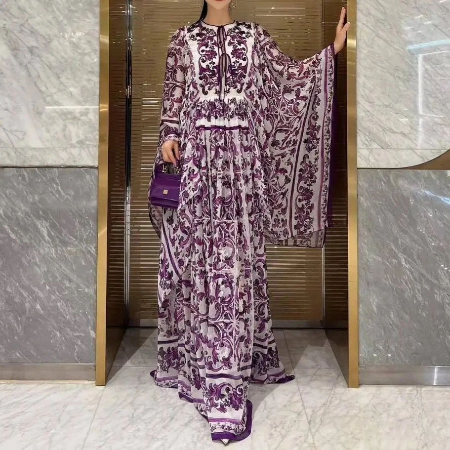 パープルフローラプリント V ネックドレス女性の夏のエレガントなヴィンテージシック Vestidos ボディコンハイウエストシックな布女性