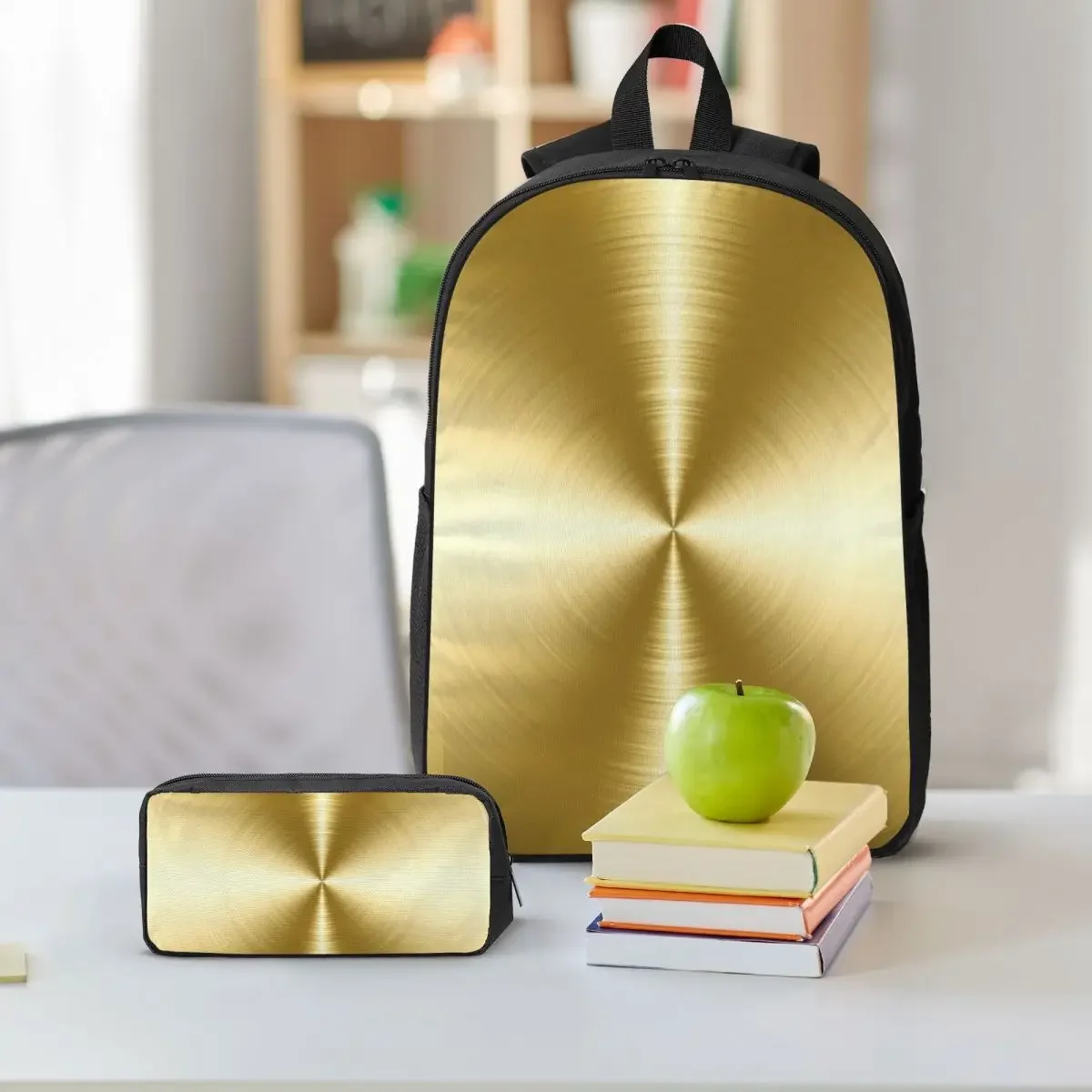 Brushed Gold Radial Metal Backpack Boys Girls BookBag School Bag Laptop Shoulder Bags 3ps Insulated Lunch Bag Pencil Case