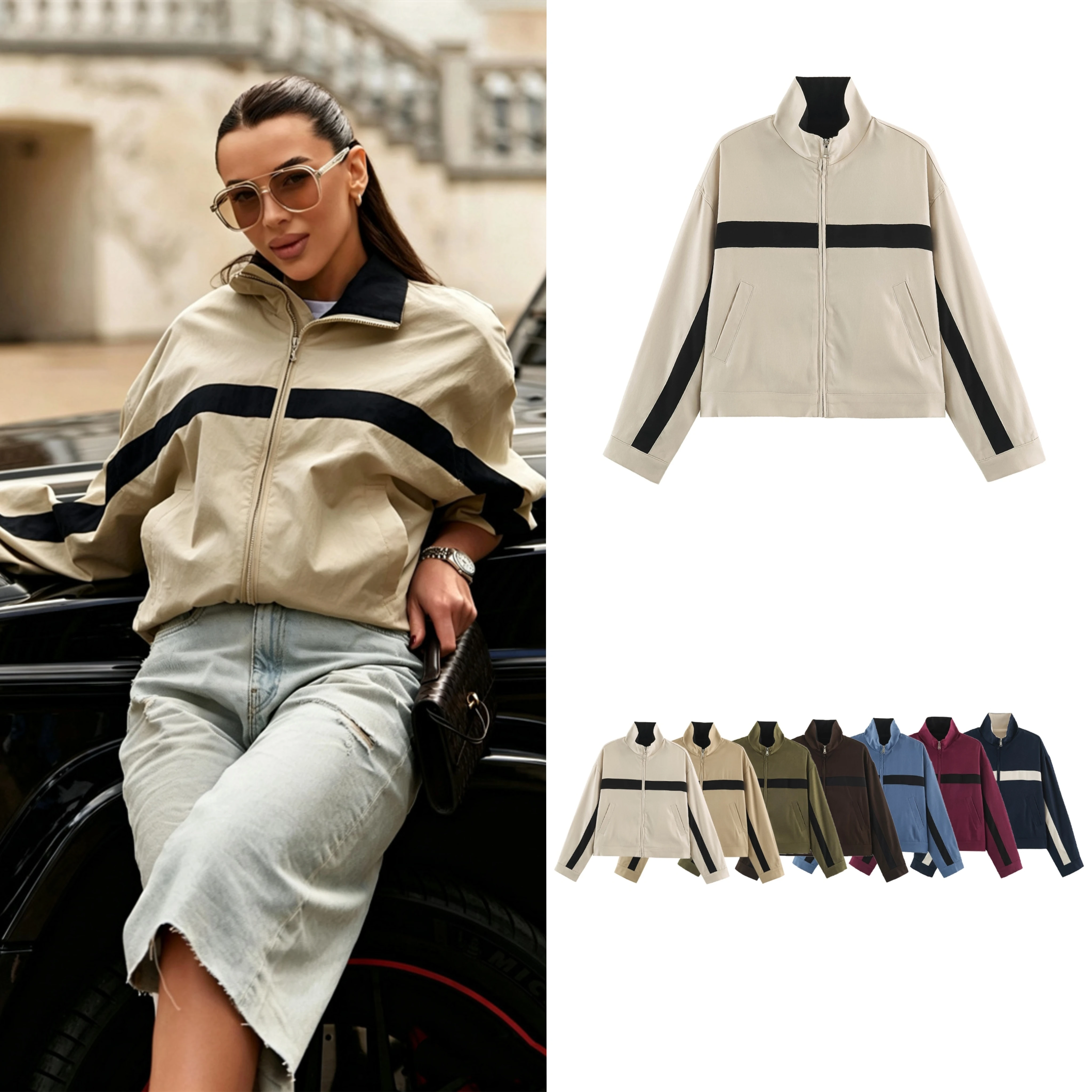 Guobioziy Women's Jacket 2026 Fall New Fashion Stand Collar Long Sleeve Color-Block Wide Stripe Zipper Short Jacket