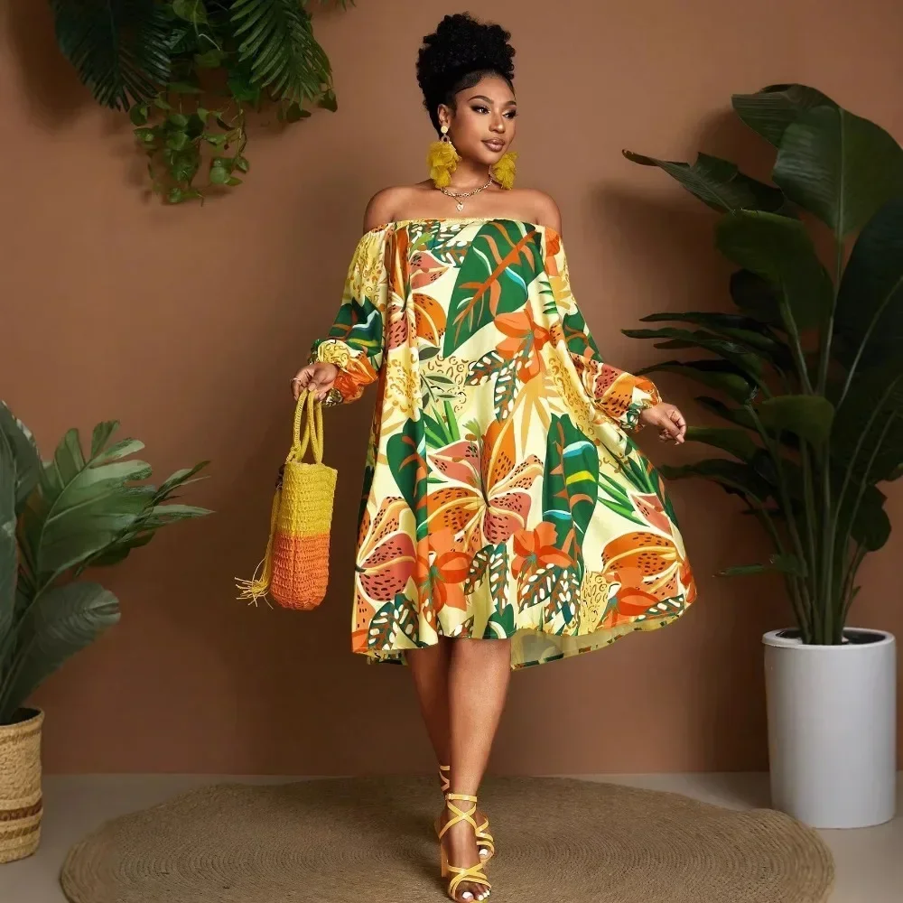 Women Tropical Floral Print Off Shoulder Dress, Loose Fit Flowy Sundress, Elegant Casual Midi Dress for Summer Beach Holiday
