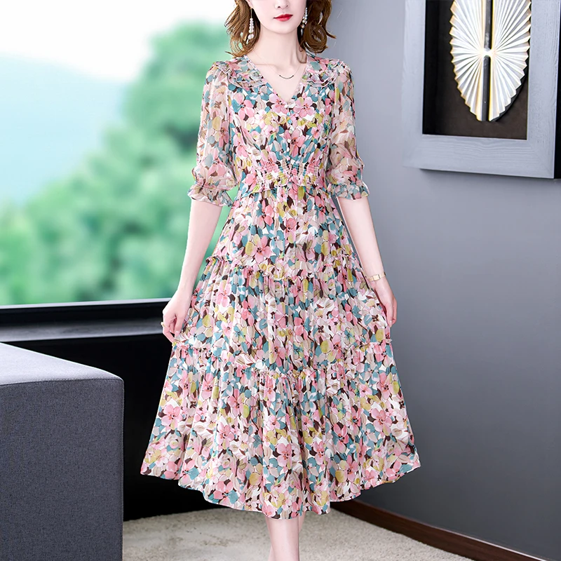 Summer Floral Natural Silk V-Neck Midi Dress Women Boho Fashion Light Beach Sundress 2024 Korean Elegant Bodycon Casual Dresses