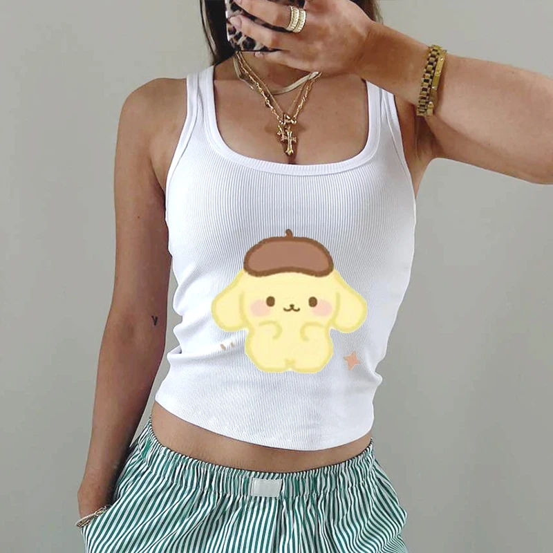 Japanese Style Sanrio Pom Pom Purin Cartoon Print Casual Summer Short Sleeveless Sweet Y2k Girls T-shirt Tank Top