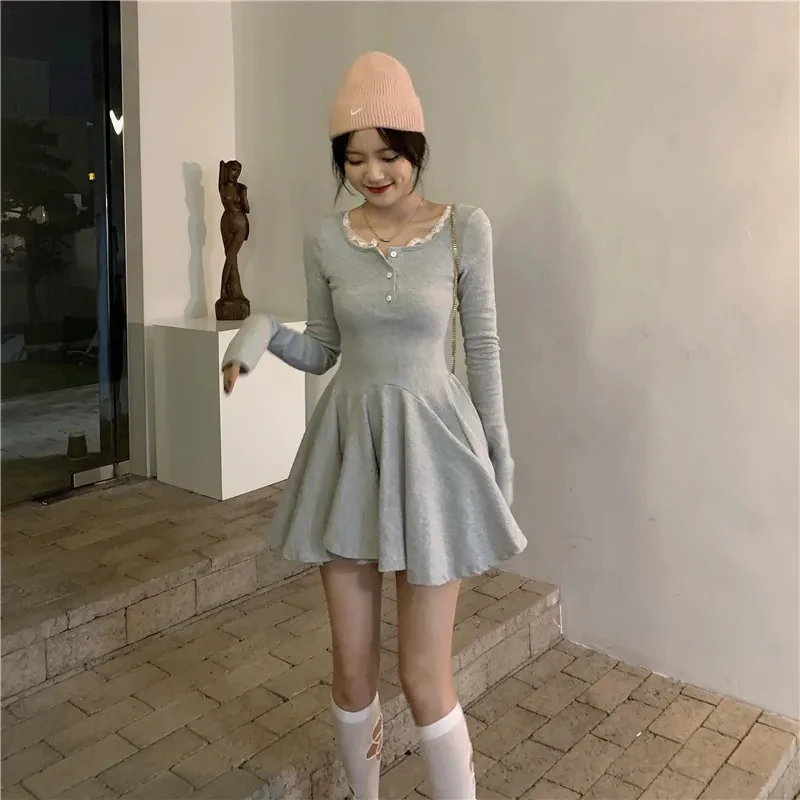 Black Lace Patchwork Dress Women Korean Chic Square Collar Long Sleeve Mini Dress Fall Fashion Preppy All-Match Bottoming Dress