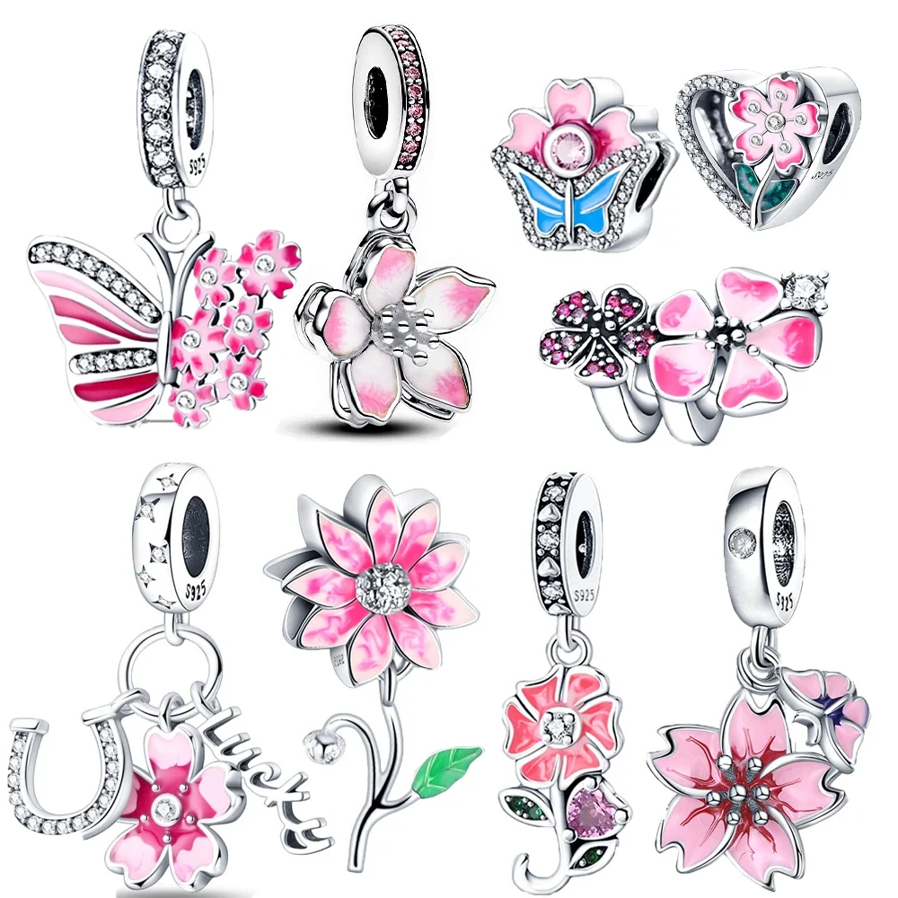 Charms aus Sterlingsilber 925, Kirschblüten-Serie, Blumen, passend für Original-Damenarmbänder, DIY-Herstellung von edlen Schmuckgeschenken