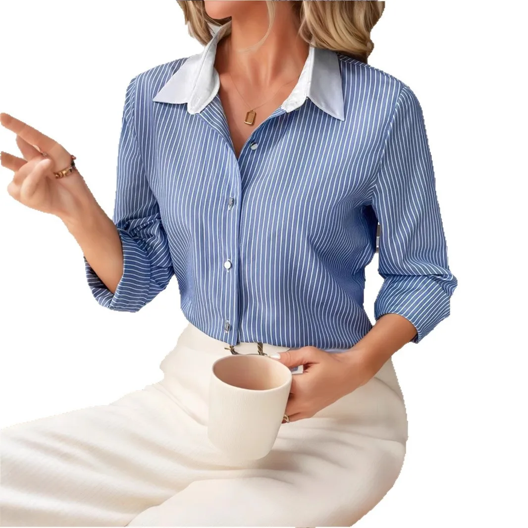 European and American niche style French long-sleeved loose-fitting fashionable high-end shirt with blue stripes - women's shirt