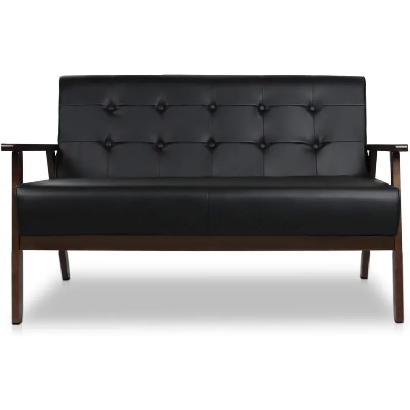 Mid-Century Modern Solid Loveseat Sofa Upholstered Faux Leather Couch 2-Seat Wood Armchair Living Room/Outdoor