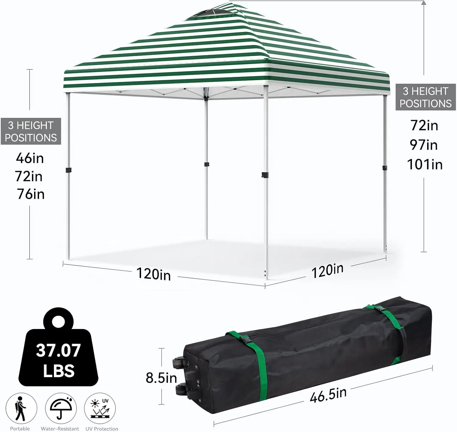 10' x 10' Pop Up Canopy Tent with Sand Weight Bag, Freestanding Sun Shelter for Picnic and Camping, One Person Setup and Height Adjustable (Green Stripe)