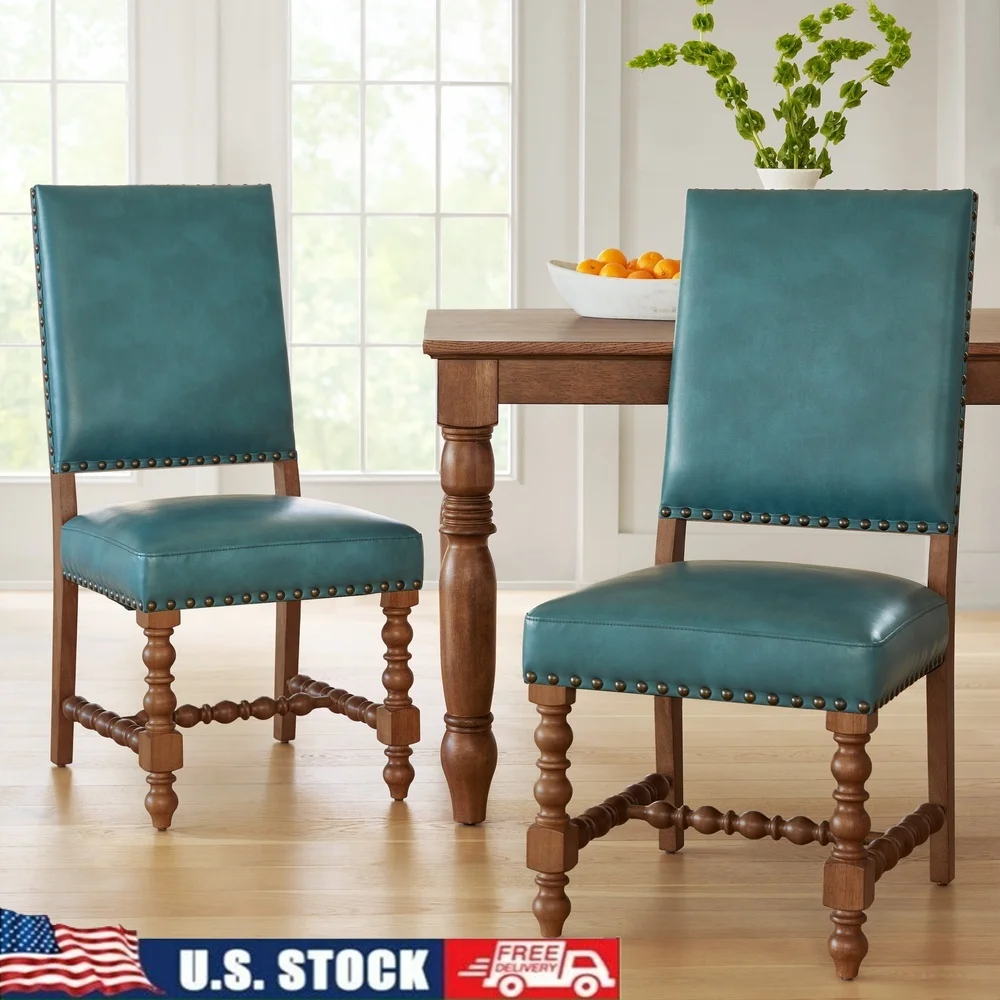

Набор из 2-х бирюзовых обеденных стульев из искусственной кожи, конструкция из массива дерева, дизайн фермерского дома, отделка гвоздями, удобное сиденье в помещении