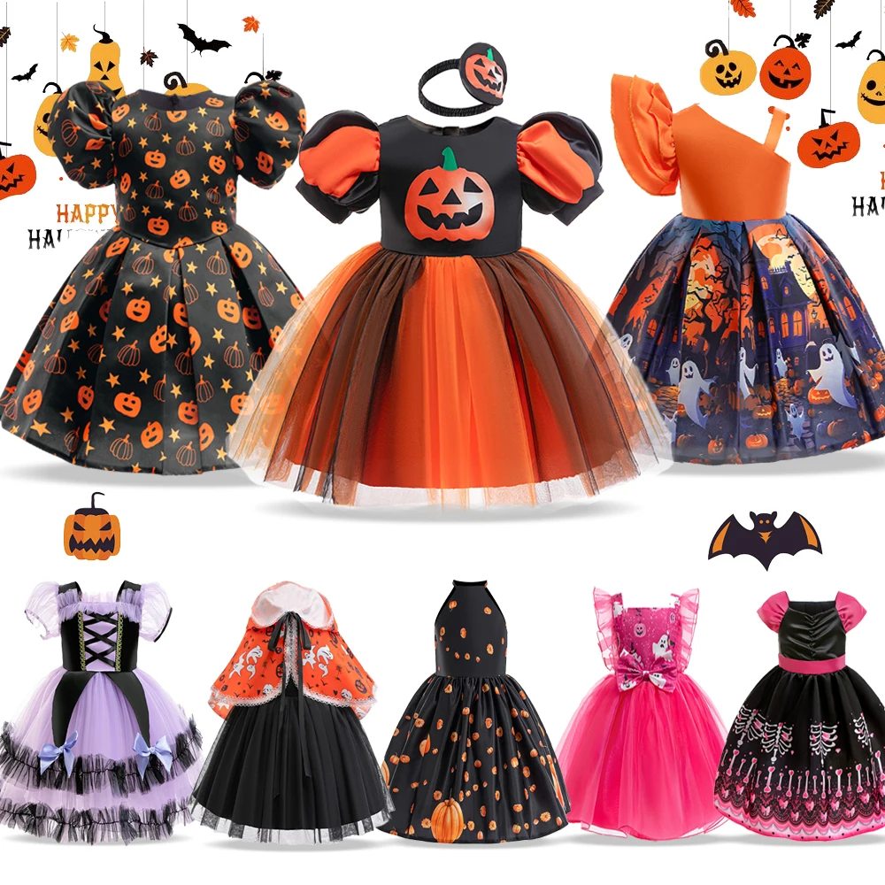 Halloween Horror Nights Cosplay Witch Costume Skeleton Pumpkin Evil Ghost Bat Print Disguised Party Masquerade Girl Dress