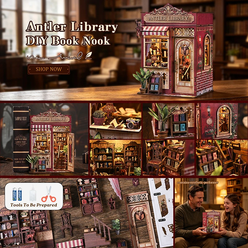 Deer‑horn Library DIY Miniature House Kit, Wooden Assembly Micro‑Scene Model Ornament, Creative Handmade Gift & Home Decoration