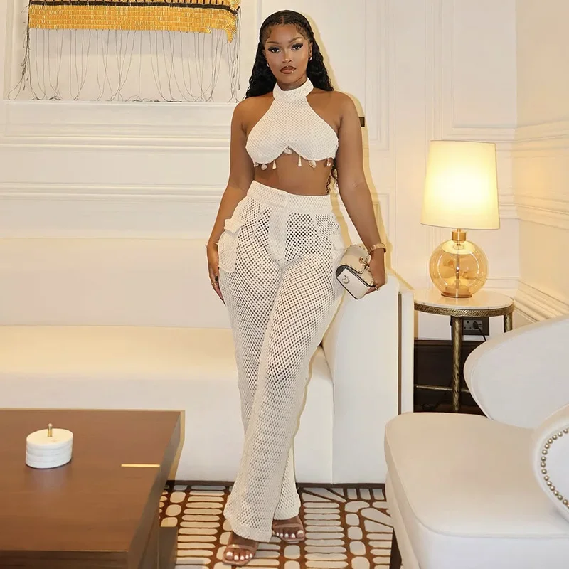 

2025 Summer New Fashionable Women's Two Piece Solid Color Neck Hanging Skirt Top with Hollow Pocket Pants Set