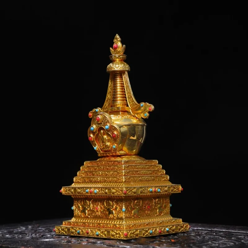 Tibetan Stupa Tantric Engraved Buddhist Statue Pearl Inlaid Gemstone Alloy Handicraft Altars Indoor Desktop Decorative