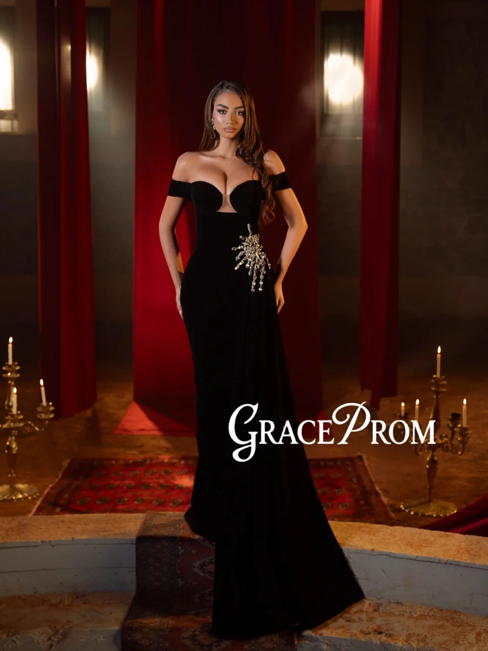 

New Black Velvet Crystal Evening Dress Floor-length Mermaid Off Shoulder Wedding Party Gown Customized Elegant Red Carpet Gowns
