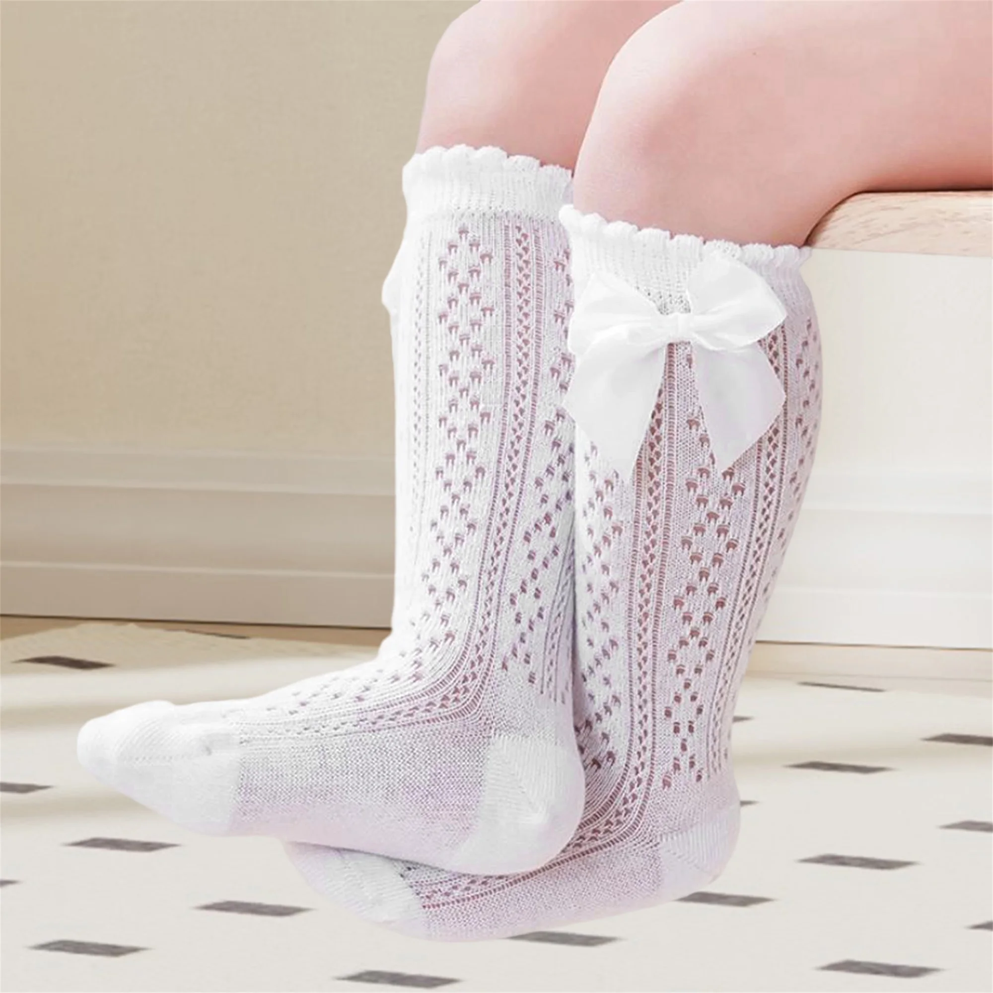 

Очаровательные детские носки до колен для девочек с кружевной отделкой и бантом для стильных летних и осенних образов