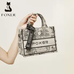 FOXER Tradition Ink Embroidery Tote Wide Shoulder Strap Lady Shoulder Crossbody Bag Large Capacity Women's Cotton Fabric Handbag