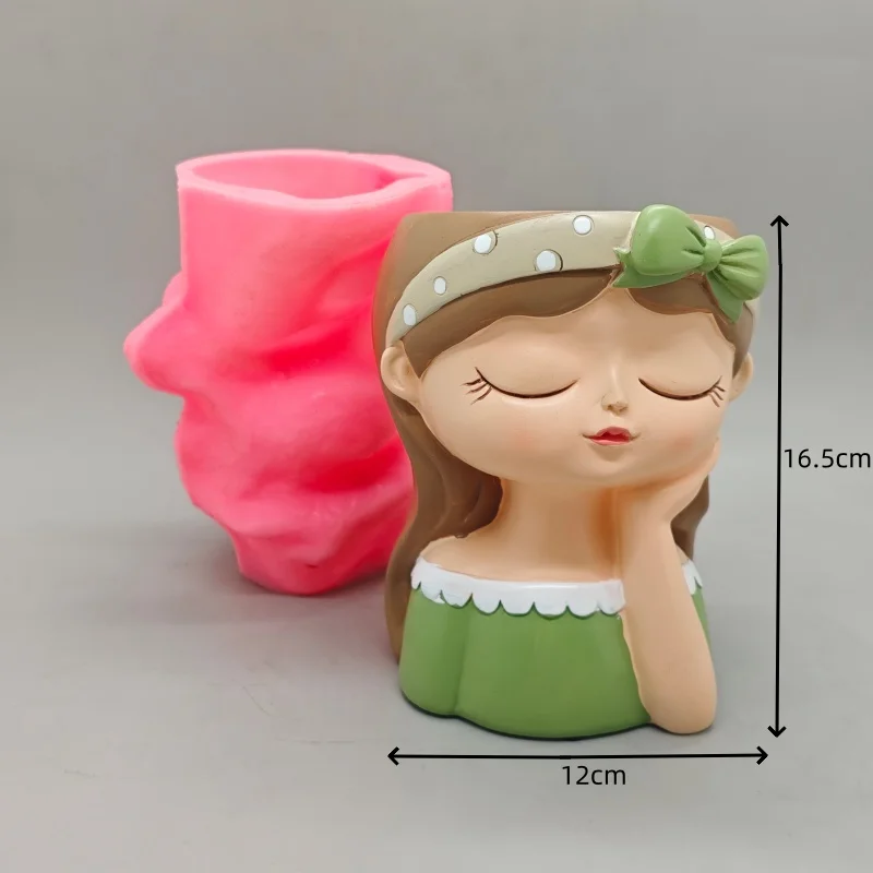 Silicone mold cute bow girl flowerpot Nordic style DIY gypsum resin green algae fleshy flowerpot tool large mold view 4