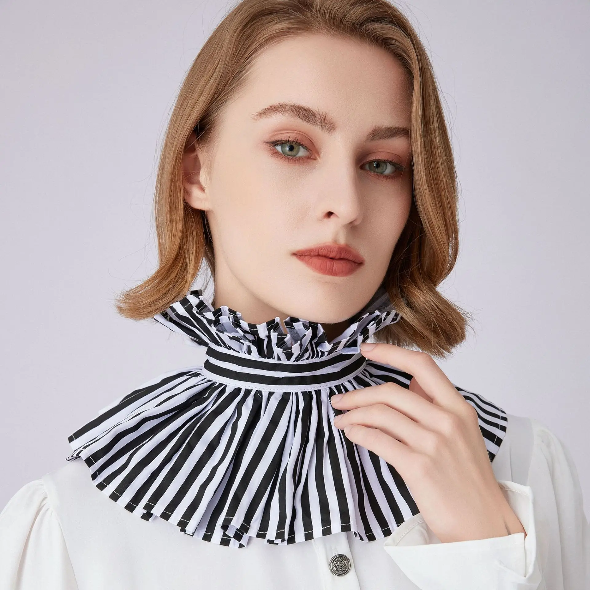 French Style Black White Striped Tie High Neck False Collar Vintage Ruffled Doll Collar Neckwear for Women