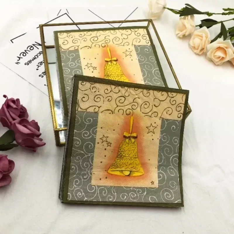 20 قطعة 33 سنتيمتر 2Layer حفلة عيد الميلاد الذهبي جرس المناديل الغذاء الصف كوكتيل المناديل مهرجان المناديل الحفلات DIY Decoupage ورقة