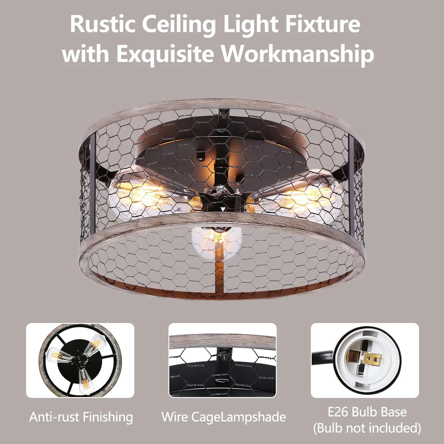 Ohniyou Rustic Ceiling Light Fixture,3-Light Flush Mount Ceiling Light Fixtures,Indoor Outdoor Farmhouse Ceiling Light For