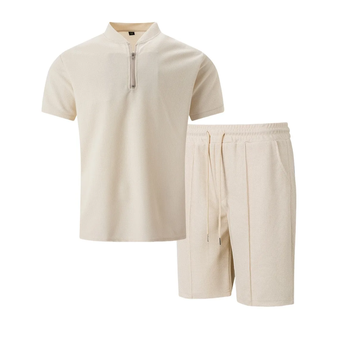 2025 summer new Europe and the United States men's casual Waffle solid color stand collar short sleeve shorts two sets