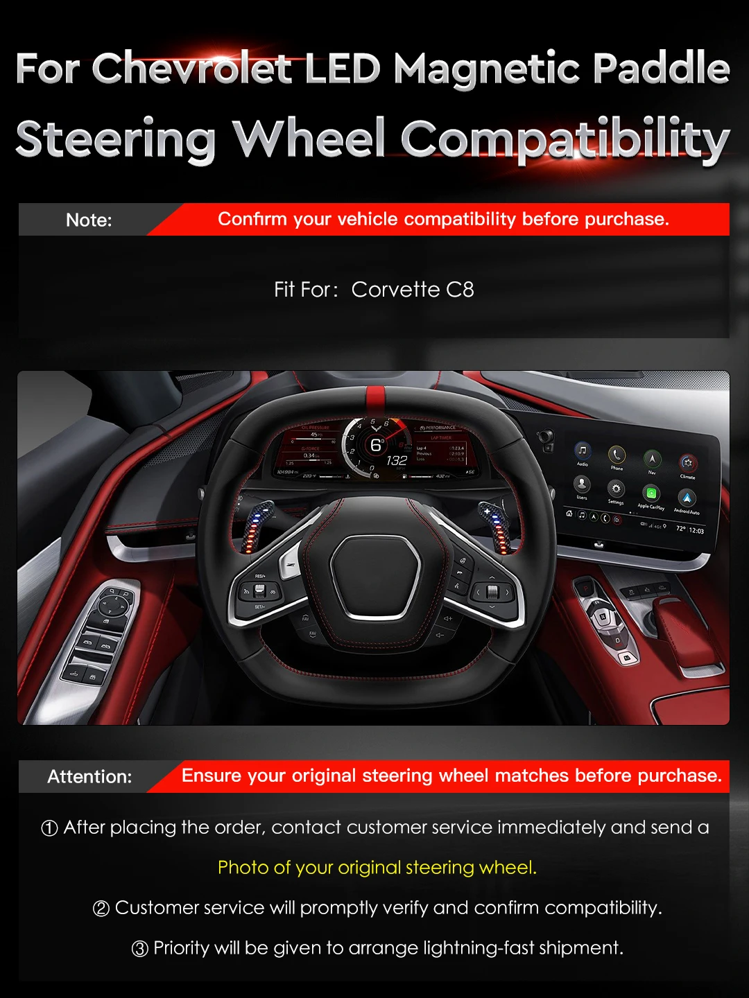 MC LED Aluminum Alloy Carbon Fiber Magnetic Paddle Shifters for Camaro Chevrolet Corvette C8 Magnetic Paddle Shifter