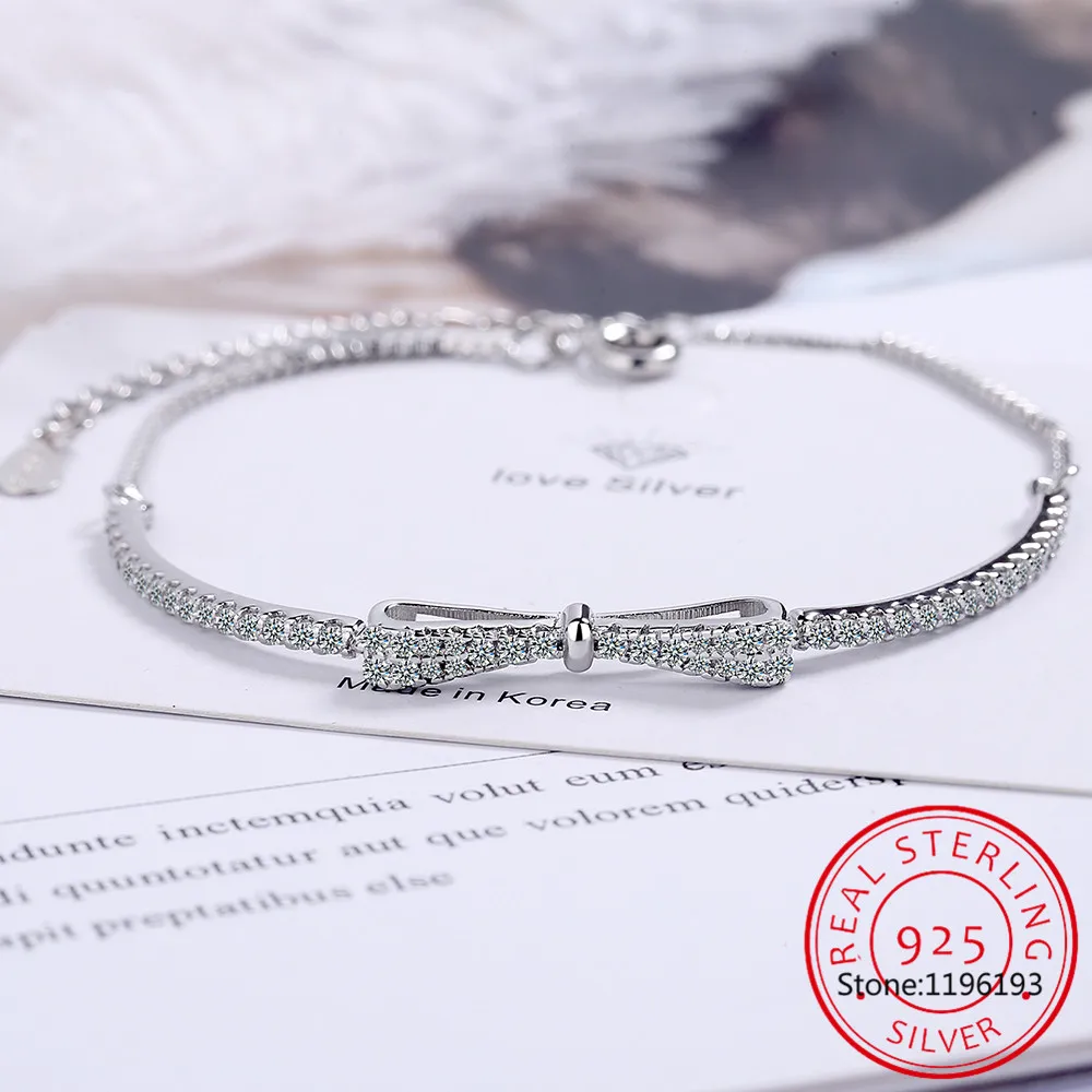 Hot Sale 925 Sterling Silver AAAAA Zircon Bow Bracelet Luxury Adjustable Tennis Bracelet For Mother To Girlfriend Jewelry Gift