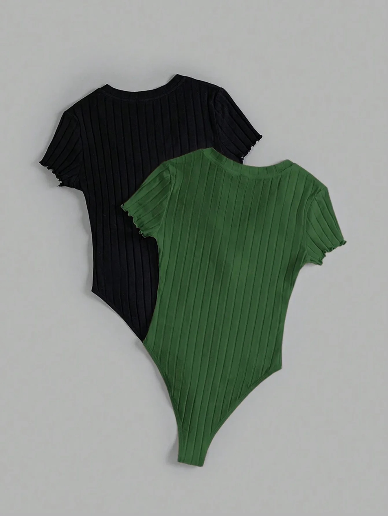 Multi-Occasion 93% Cotton Ribbed Bodysuit 2-Pack - Women's Versatile V-Neck Lettuce Trim Short Sleeve Leotard Set