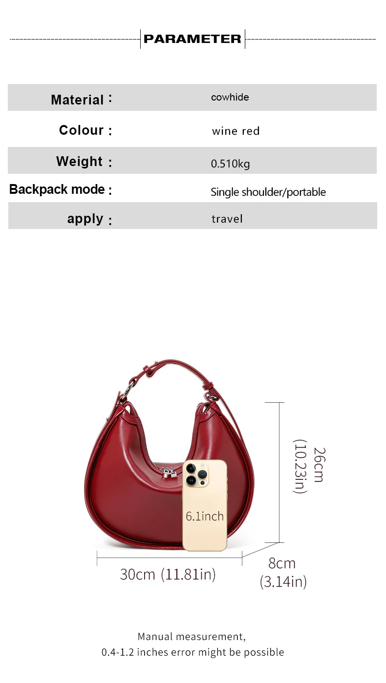 Echte Leder-Halbmond-Handtasche mit großer Kapazität, weich glänzende Umhängetasche, halbrunde Satteltasche, modisches Horn-Mond-Design. – Detail 5