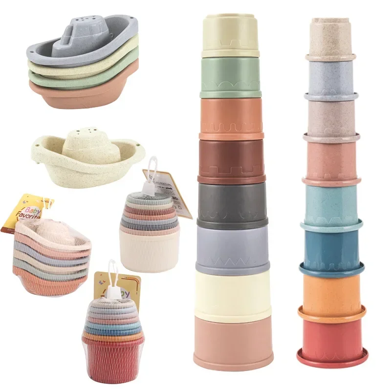 

Baby Bath Toys Stacking Cup Toys Colorful Early Educational Intelligence Gift Boat-shaped Stacked Cup Folding Tower Toys