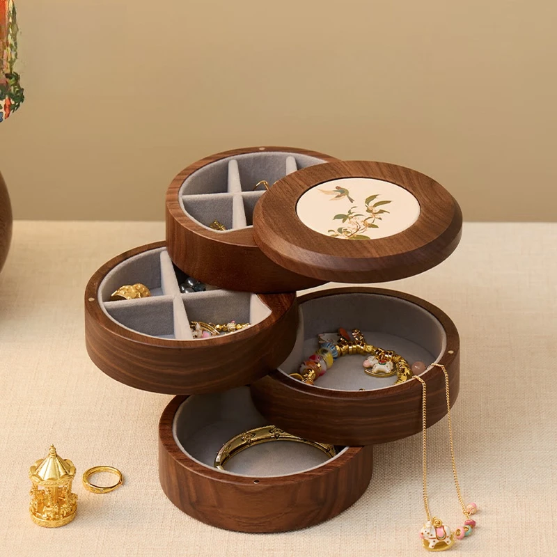 Solid wood rotating jewelry storage box Small multi-layer hand jewelry storage box