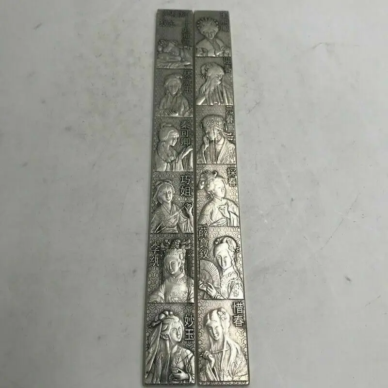 Old Chinese Tibet Silver Handcarved Twelve Golden Hairpins Pattern Town Ruler