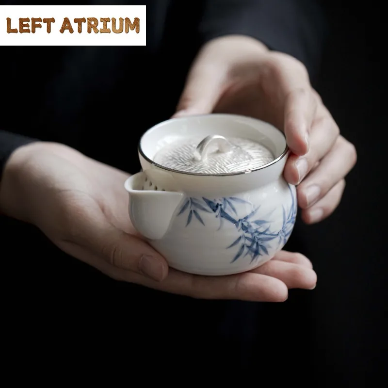 

150ML Hand Drawn Blue And White Bamboo Gilt Silver Teapot Aesthetic Tea Infuser Pot Tea Maker Kettle With Ball Hole Cha Craft