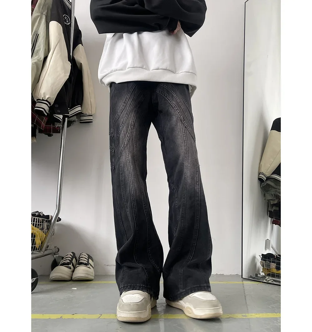 American Retro Hip Hop Stitching Black Jeans Men Y2K Street Fashion Straight Mop Pants Punk Rock Casual Denim Trousers Korean