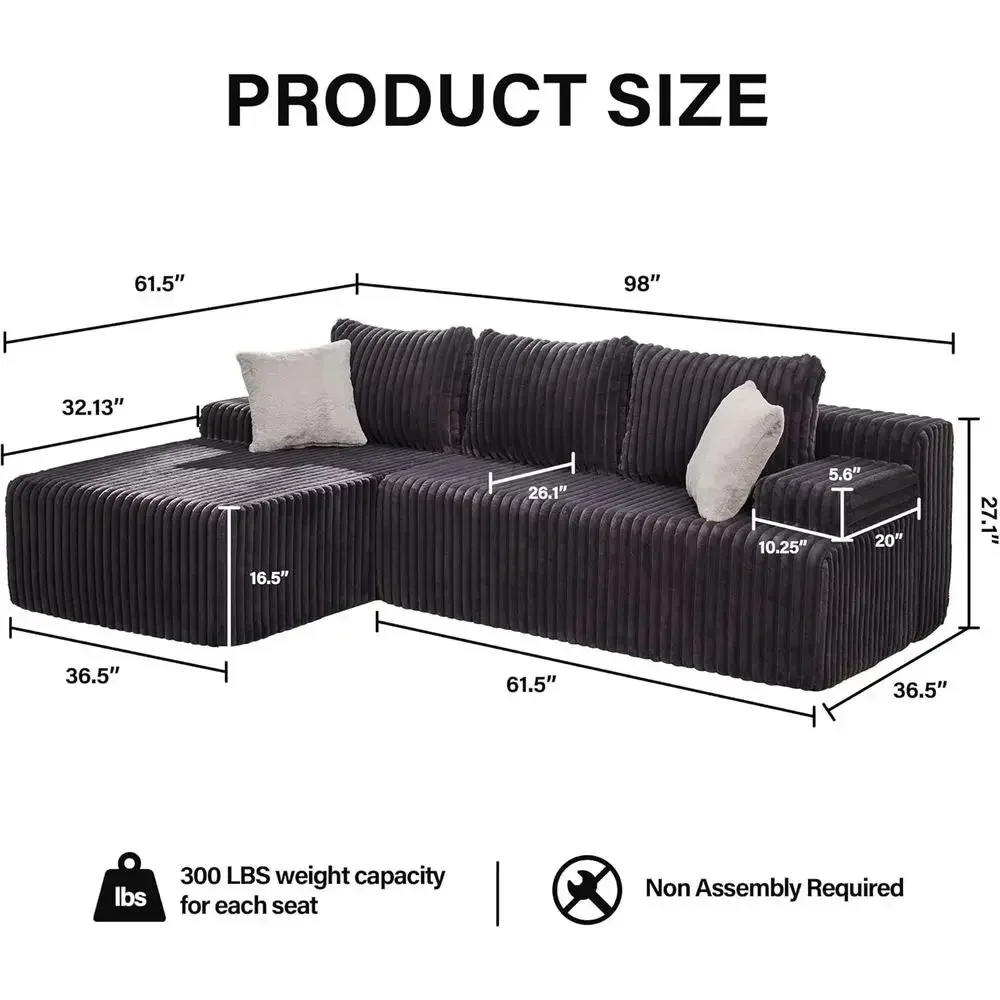 L-Shaped Cloud Sofa with Memory Foam, Convertible 3-Seat, Oversized Chaise, Washable Grey Cover, 98 Length, Left-Hand Facing