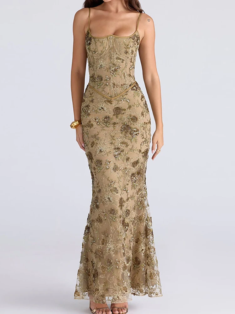 Abito da festa da donna sexy con bretelle sul petto Abito da festa senza maniche con stampa floreale 2026 Abito lungo casual slim fit con spalle scoperte