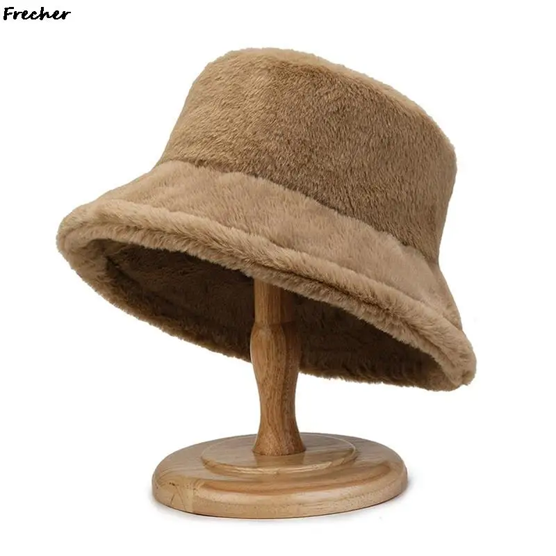 

Women Flat Top Bucket Hat Furry Plush Casual Panama Cap Winter Warm Chapeau Wide Brim Casquette Hats Ladies Spring Party Beanies